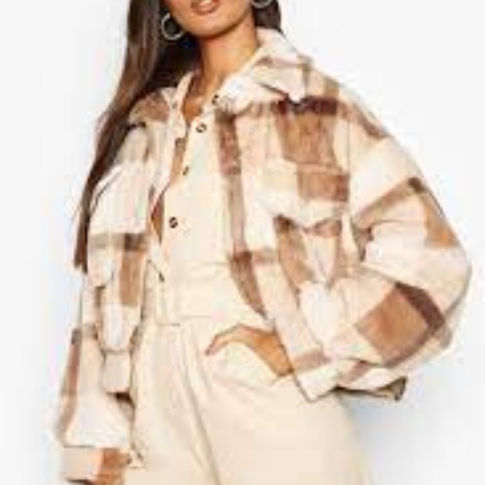 BOOHOO CHECK FAUX FUR TRUCKER JACKET